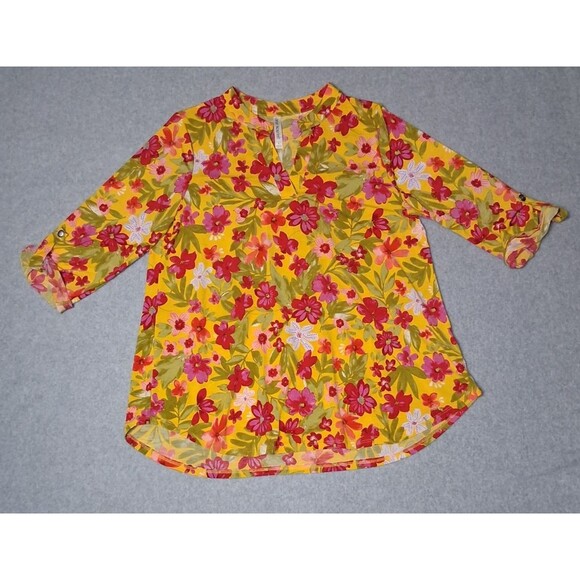 Scarlett Tops - Dear Scarlett 3/4 Roll Tab Sleeve Popover tunic Blouse Large Yellow Floral Boho